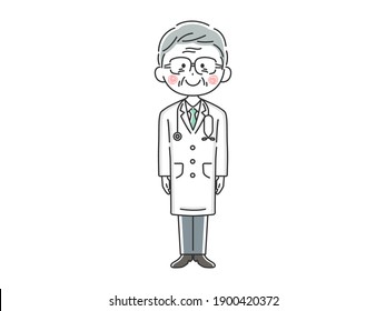 Illustration of an elderly Japanese male doctor in a white coat.