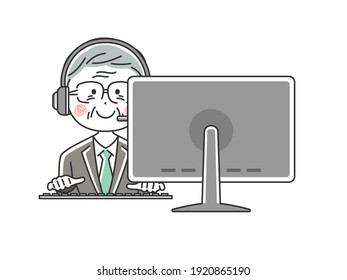 Illustration of an elderly Japanese male operator working at a customer center.