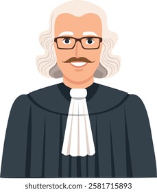 illustration of an elderly judge with white curly hair, glasses, and a mustache, dressed in a traditional black robe with a white jabot. He has a wise and authoritative expression