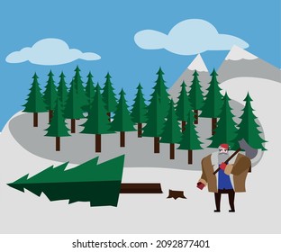 An illustration of an elderly lumberjack in the middle of a winter forest 