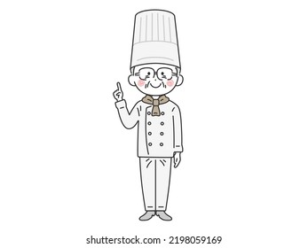 Illustration of an elderly male chef pointing a finger.