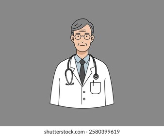 Illustration of an elderly male doctor in a white coat, grey background