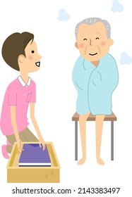 It is an illustration of an elderly man after taking a bath.