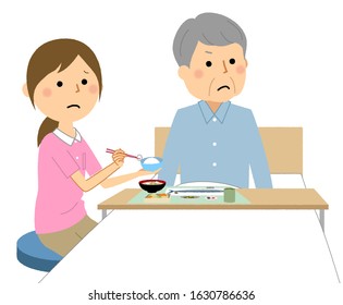 An illustration of the elderly man assisted by a meal nurse.