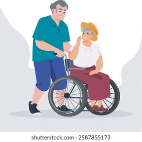 Illustration of an elderly man assisting an elderly woman in a wheelchair, representing care, support, and senior independence.