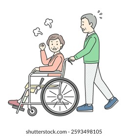 Illustration of an elderly man assisting an elderly woman sitting in a wheelchair and getting angry