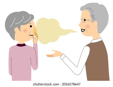 It is an illustration of an elderly man with bad breath.