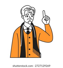 An illustration of an elderly man with a beard and scarf, wearing an orange sweater and gesturing with a raised index finger. Black and white line art filled with orange.