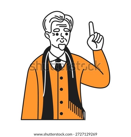 An illustration of an elderly man with a beard and scarf, wearing an orange sweater and gesturing with a raised index finger. Black and white line art filled with orange.