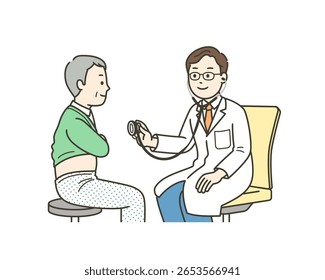 Illustration of an elderly man being examined at a hospital and a doctor using a stethoscope