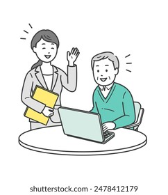 Illustration of an elderly man being taught by an instructor in a computer class
