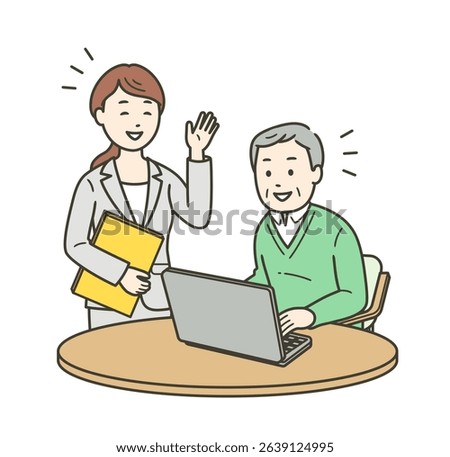 Illustration of an elderly man being taught by an instructor in a computer class