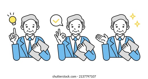 Illustration of an elderly man in a business setting. Various poses. Suggestion, confirmation, introduction, explanation, etc. Vector material on white background.