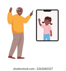 Illustration with an elderly man calling his granddaughter. Distance connection.