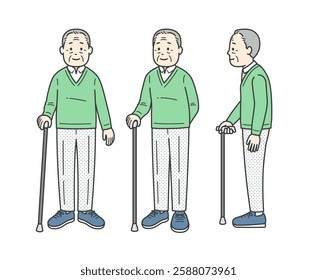 Illustration of an elderly man with a cane seen from various angles