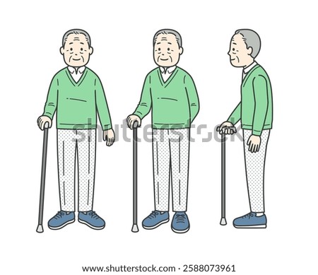 Illustration of an elderly man with a cane seen from various angles