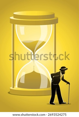 An illustration of an elderly man with a cane standing beside a large hourglass, symbolizing the passage of time, aging, and the finite nature of life
