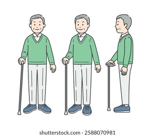 Illustration of an elderly man with a cane viewed from various angles