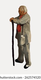 Illustration of an elderly man with a cane, wearing a suit. The man stands upright, leaning slightly on the cane, conveying a sense of wisdom and experience. Vintage character art illustration vector.