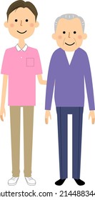 It is an illustration of an elderly man and a caregiver.