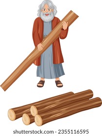 Illustration of an elderly man carrying a log for construction