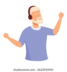 Illustration of an elderly man with closed eyes smiling and dancing while listening to music with his headphones