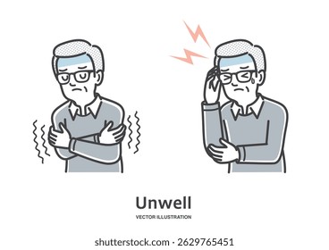 Ilustração de um homem idoso com sintomas de frio