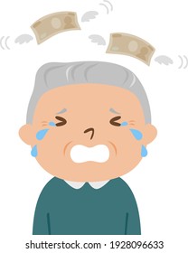 Illustration Of The Elderly. An Elderly Man Crying As Banknotes Fly Away.