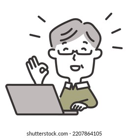 Illustration of an elderly man doing an okay sign while operating a personal computer