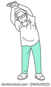 Illustration of an elderly man doing stretching exercises (summer clothes)