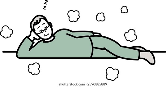 Illustration of an elderly man dozing off in warm floor heating.