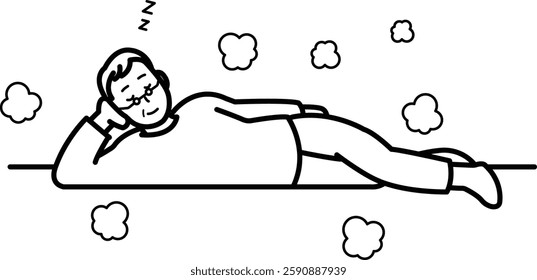 Illustration of an elderly man dozing off in warm floor heating, line drawing.