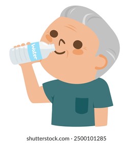 Illustration of an elderly man drinking mineral water from a plastic bottle.