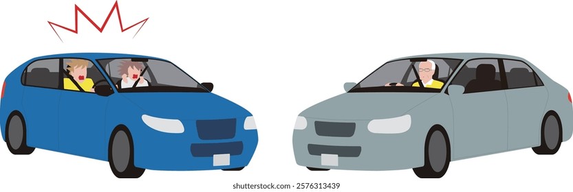 Illustration of an elderly man driving absentmindedly and a couple's car about to collide