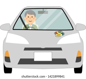 Illustration of an elderly man driving a car.