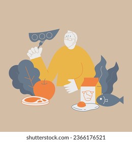 Illustration of an elderly man eating a well-balanced diet.