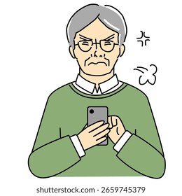 Ilustración de un anciano enojándose mientras mira su teléfono inteligente