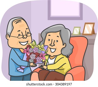 Illustration Of An Elderly Man Giving A Bouquet Of Flowers To An Elderly Woman