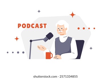 Illustration of an elderly man with glasses hosting a podcast sitting at a table with a microphone and a mug of coffee. A gray-haired character with a moustache sharing knowledge with an audience