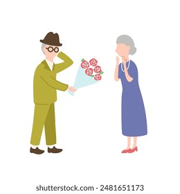 An illustration of an elderly man handing over a bouquet of roses to a surprised and delighted elderly woman.