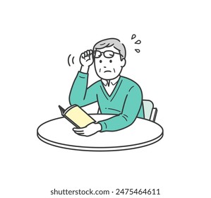 Illustration of an elderly man having trouble reading a book because his reading glasses are not strong enough