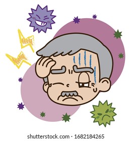 Ilustración de un anciano con dolor de cabeza y un virus