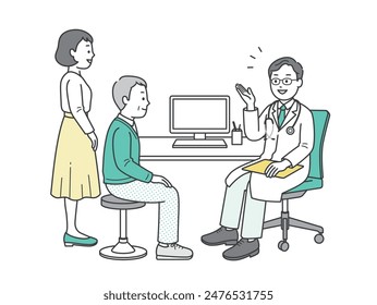 Illustration of an elderly man, his accompanying woman and a doctor undergoing a medical examination at a hospital