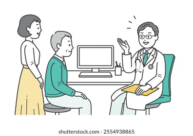 Illustration of an elderly man, his accompanying woman and a doctor undergoing a medical examination at a hospital