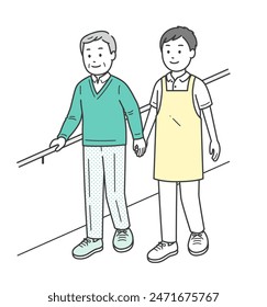 Illustration of an elderly man and his caregiver smiling as they hold onto a handrail and do walking training