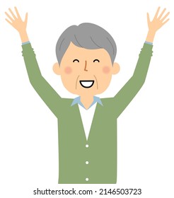It is an illustration of an elderly man holding both hands up.