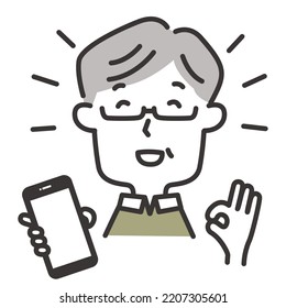 Illustration of an elderly man holding a smartphone and doing an okay sign