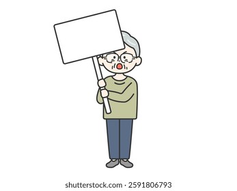 Illustration of an elderly man (line drawing) holding a placard and holding a protest demonstration.