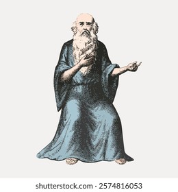 Illustration of an elderly man with a long beard, wearing a blue robe, gesturing with his hands. The man appears wise and contemplative, seated in thought. Vintage illustration isolated, vector.