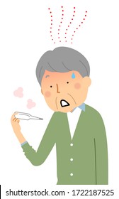It is an illustration of an elderly man measuring his temperature.